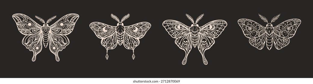 Polilla boho mística fijada en el arte de línea beige sobre fondo negro