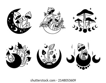 Mystical boho mushroom and moon isolated clip art bundle, magic hand drawn line celestial mushrooms, moon and stars, witchy floral esoteric objects, - black and white vector