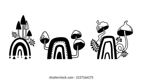 Mystical boho mushroom and rainbow isolated clip art bundle, magic hand drawn line celestial mushrooms, witchy rainbow floral black and white vector illustration set