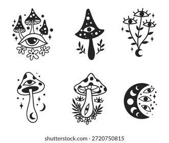 Conjunto celestial de hongos boho místicos, Ilustración vectorial. Luna de flores. Logotipo dibujado a mano, arte de línea