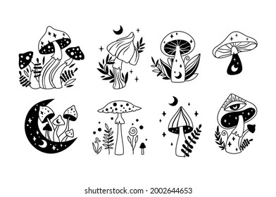 Mystical boho mushrooms isolated clipart set, magic line celestial mushroom, moon and stars, witchy esoteric objects, floral mystical - black and white vector illustration