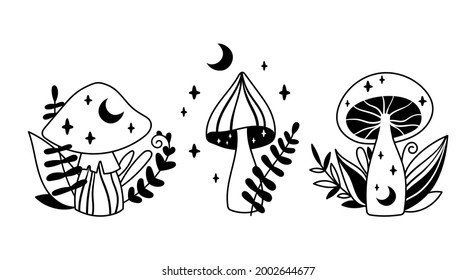 Mystical boho mushrooms isolated clipart set, magic line celestial mushroom, moon and stars, witchy esoteric objects, floral mystical - black and white vector illustration