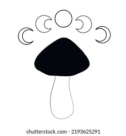 Mystical boho mushrooms isolated clipart set, magic line celestial mushroom, moon and stars, witchy esoteric objects, floral mystical - black and white vector illustration
