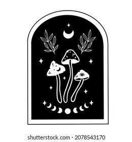 Mystical boho mushrooms isolated , magic line celestial mushroom, moon and stars, witchy esoteric objects, floral mystical - black and white vector illustration