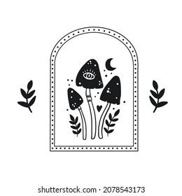 Mystical boho mushrooms isolated , magic line celestial mushroom, moon and stars, witchy esoteric objects, floral mystical - black and white vector illustration