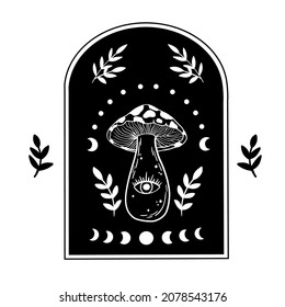 Mystical boho mushrooms isolated , magic line celestial mushroom, moon and stars, witchy esoteric objects, floral mystical - black and white vector illustration
