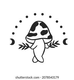 Mystical boho mushrooms isolated , magic line celestial mushroom, moon and stars, witchy esoteric objects, floral mystical - black and white vector illustration