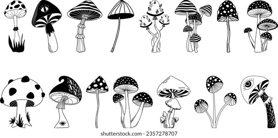 Mystical boho mushrooms vector set, magic fantasy mushroom clipart, witchcraft symbol, witchy esoteric objects, mystical floral elements