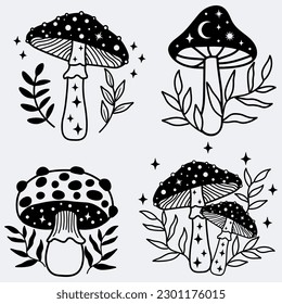 Mystical boho mushrooms,Collection of magical plants, Witchcraft items. Mystical elements,Vector illustration