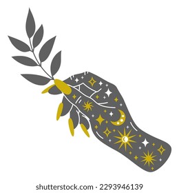 Mystical boho palm. Magic doodle hand with moon and stars, female hand with long nails flat vector illustration