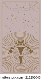 Mystical Boho Poster, Sacred Golden Uterus On A Background With Stars. Feminine Background For Stories, Esoteric Vector Flyer. Vector Sketch For Tantra, Pregnancy, Female Power.