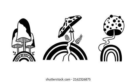 Mystical boho rainbow and mushrooms isolated vector clip art bundle, magic hand drawn celestial mushrooms black silhouettes, witchy floral rainbow illustrations