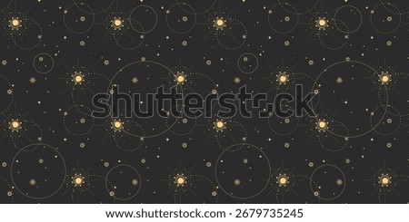 Mystical boho seamless pattern with gold sun symbols and celestial circles on dark background for textile or wallpaper design. Orbits with stars and cosmic elements. Decorative astrology repeat motif.