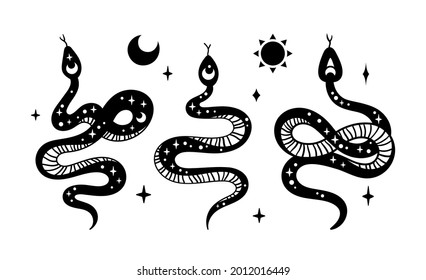 Mystical boho snake isolated cliparts bundle, celestial reptile with sun and moon symbol, space magic serpent silhouette, esoteric objects - black and white vector illustration