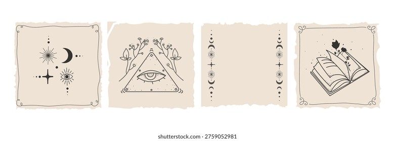 Mystical boho symbols set with all seeing eye moon stars magic book and celestial elements on torn vintage paper texture, spiritual decor for branding tattoos social media prints packaging.Vector