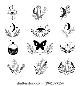 Mystical boho tattoo collection, esoteric signs and symbols, modern design