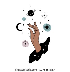 Mystical boho tattoo, female hand and planets. Mystical art for astrology, witchcraft, magic illustration isolated on white background. Abstract space icon.