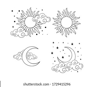 Mystical boho tattoos and sun  crescent  stars   clouds  Linear design  hand drawing  Set elements for astrology  mysticism   fortune telling  Vector illustration white background