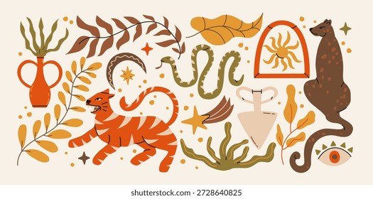 Mystical boho tropical forest animals, plants, moon, sun.Ethnic magical symbols for spiritual illustration, folklore fairy tale, magical mysterious enigmatic forest. Nature bohemian decoration and leaf shapes