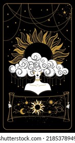 Mystical boho woman with magic book. Beautiful witch with a map of the universe, the moon and the sun. Queen or goddess of fate character. Vector map with black background, linear hand drawing.