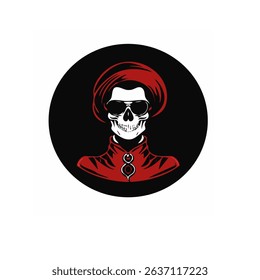 Mystical and bold vector illustration of a skull wearing sunglasses and a red turban, dressed in a futuristic high-collar outfit.