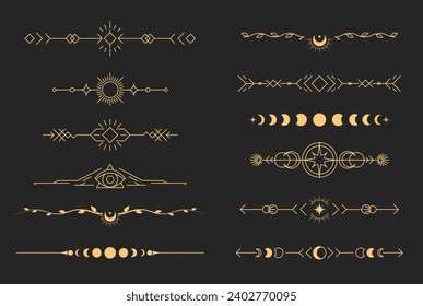 Mystische Buchvignetten im Brotstil, esoterische Trennlinien und Trennlinien, Zauberabgrenzer, Vektorgrafik
