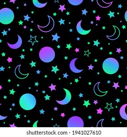 Mystical Bright Neon Pattern With Sun Moon And Stars
