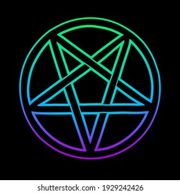 mystical bright neon pentagram on black background