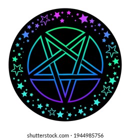 mystical bright  pentagram with an ornament of scattered shiny neon stars