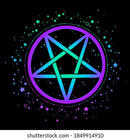 mystical bright pentagram in round frame