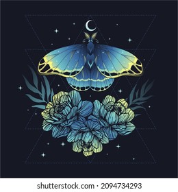 Mystical butterflies with flowers and stars. Stars, constellations, moon.  For print for T-shirts and bags, decor element. Mystical and magical, astrology illustration