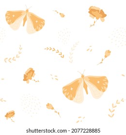 Mystical butterflies seamless pattern. Hand drawn insects, rose flower, branches and textures. Nature background. Beautiful minimal graphic illustration, yellow blossom, fairy garden.