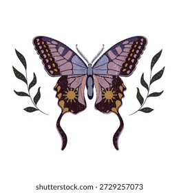 Mariposa mística con patrones de sol celestial y alas. Polilla dibujada a mano entre las hojas en estilo boho vintage. Obra de arte mágica del insecto para el diseño oculto y el tema de la decoración del arte de la pared de la naturaleza.