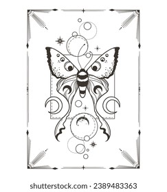 Mystical butterfly with moon phases in geometric frame, magic moth clip art in black color, celestial insect and moon silhouettes in vector, hand drawn isolated pre-made t-shirt print