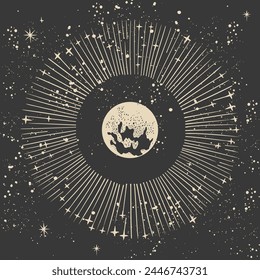 Tarjeta mística con un planeta brillante en el espacio exterior, carta astrológica del zodiaco, fondo del universo estrellado. Cuerpo celestial en el espacio exterior. Ilustración vectorial dibujada a mano