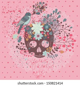 Mystical card with skull, bird and flowers in vector. Abstract background in bright colors. Mexican traditional card in cartoon style