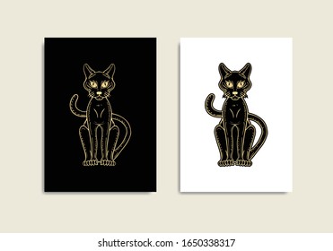 Mystical cat in black and gold, with sketch style or line art. For tarot reader, spiritual guidance, witchcraft, tatoo, t shirt, sticker 