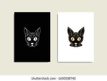 Mystical cat in black and gold, with sketch style or line art. For tarot reader, spiritual guidance, witchcraft, tatoo, t shirt, sticker .eps10