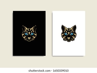 Mystical cat with blue eyes in black and gold, with sketch style or line art. For tarot reader, spiritual guidance, witchcraft, tatoo, t shirt, sticker