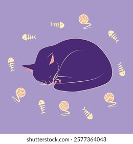 Mystical cat in boho style surrounded by stars, zodiac signs, balls, paw prints, silhouette collection. Esotericism and mysticism, occultism. Cartoon flat vector illustration.