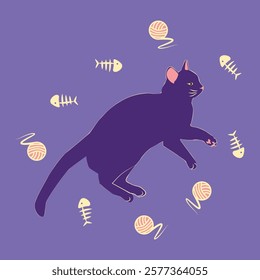 Mystical cat in boho style surrounded by stars, zodiac signs, balls, paw prints, silhouette collection. Esotericism and mysticism, occultism. Cartoon flat vector illustration.