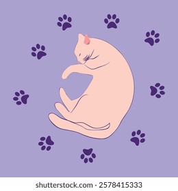 Mystical cat in boho style surrounded by stars, zodiac signs, balls, paw prints, silhouette collection. Esotericism and mysticism, occultism. Cartoon flat vector illustration.