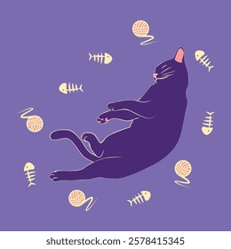 Mystical cat in boho style surrounded by stars, zodiac signs, balls, paw prints, silhouette collection. Esotericism and mysticism, occultism. Cartoon flat vector illustration.