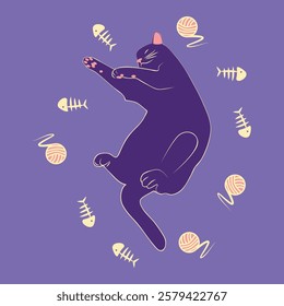 Mystical cat in boho style surrounded by stars, zodiac signs, balls, paw prints, silhouette collection. Esotericism and mysticism, occultism. Cartoon flat vector illustration.