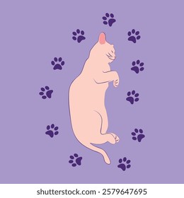 Mystical cat in boho style surrounded by stars, zodiac signs, balls, paw prints, silhouette collection. Esotericism and mysticism, occultism. Cartoon flat vector illustration.
