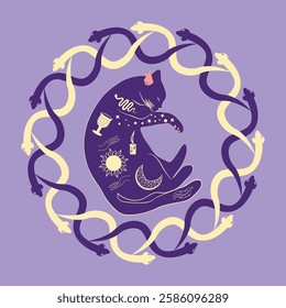 Mystical cat in boho style surrounded by stars, zodiac signs, balls, paw prints, silhouette collection. Esotericism and mysticism, occultism. Cartoon flat vector illustration.