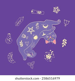 Mystical cat in boho style surrounded by stars, zodiac signs, balls, paw prints, silhouette collection. Esotericism and mysticism, occultism. Cartoon flat vector illustration.