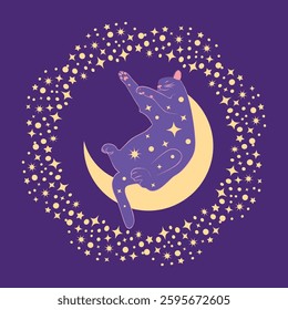 Mystical cat in boho style surrounded by stars, zodiac signs, balls, paw prints, silhouette collection. Esotericism and mysticism, occultism. Cartoon flat vector illustration.