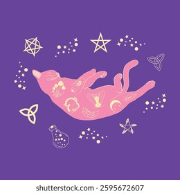 Mystical cat in boho style surrounded by stars, zodiac signs, balls, paw prints, silhouette collection. Esotericism and mysticism, occultism. Cartoon flat vector illustration.