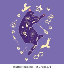 Mystical cat in boho style surrounded by stars, zodiac signs, balls, paw prints, silhouette collection. Esotericism and mysticism, occultism. Cartoon flat vector illustration.